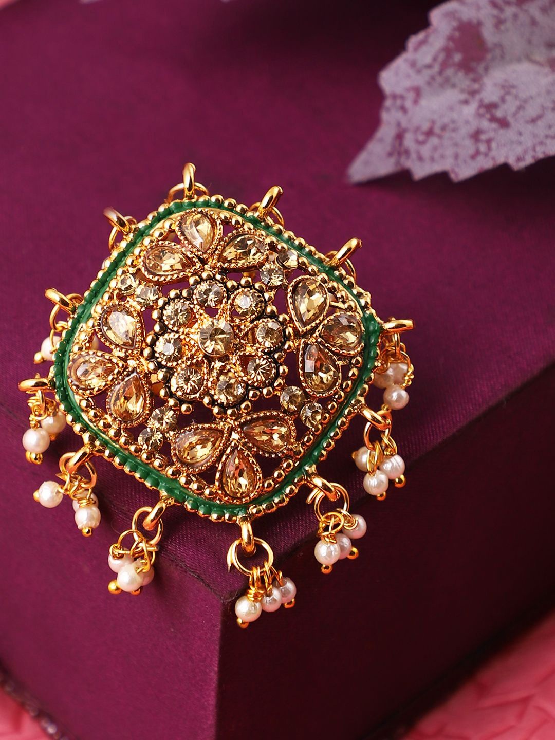 

ANIKAS CREATION Gold-Plated Stones Studded & Beaded Adjustable Finger Ring