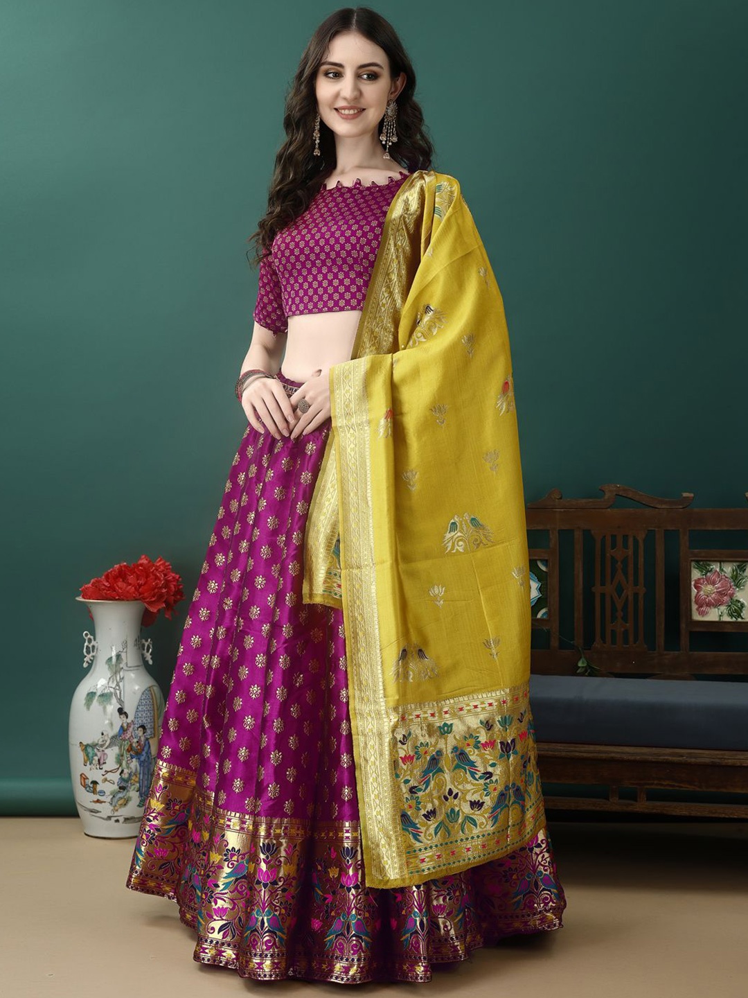 

SWAMI STUDIO Ready to Wear Lehenga & Unstitched Blouse With Dupatta, Purple