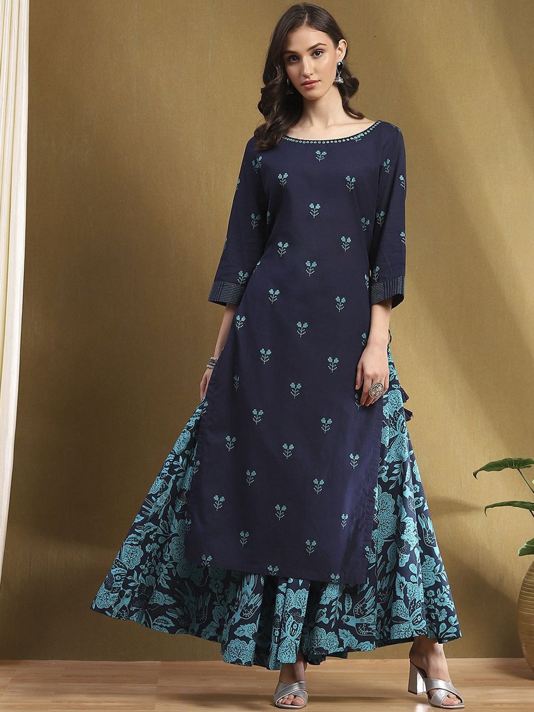

Biba Women Pure Cotton Floral Printed A-Line Kurta With Skirt & Dupatta, Blue