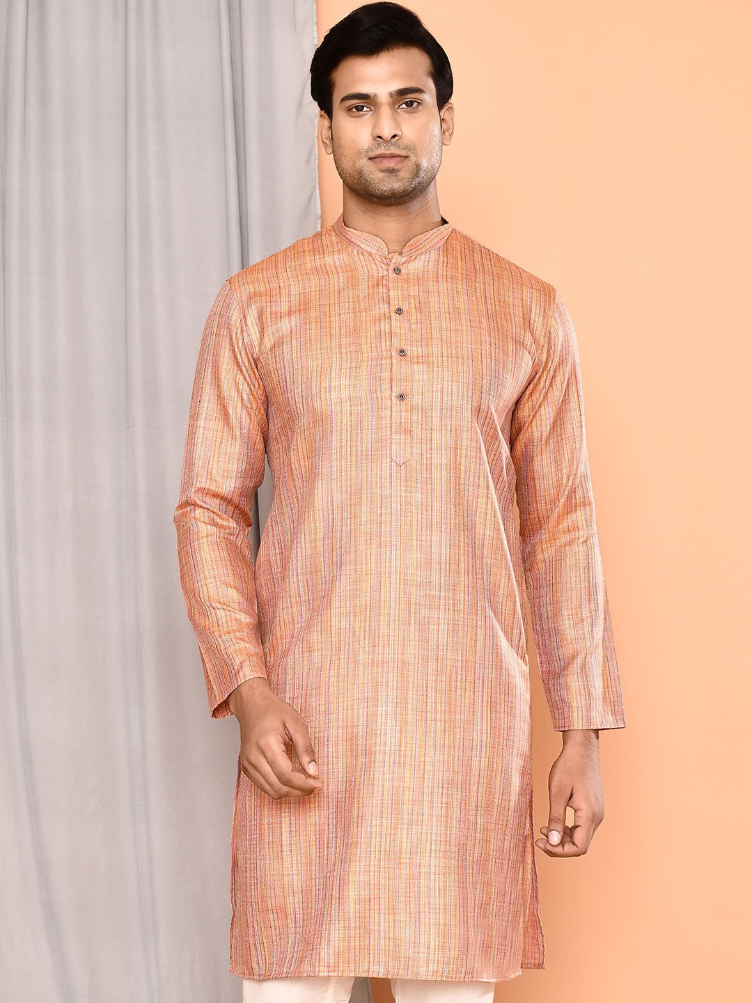 

MAAHI FABS Men Striped Thread Work Khadi Handloom Kurta, Orange