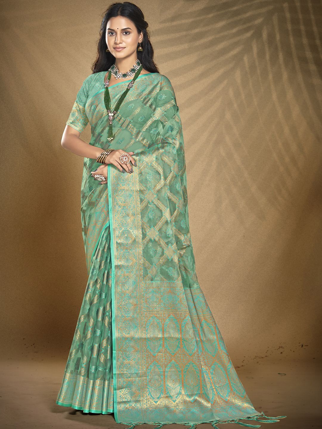 

SANGAM PRINTS Woven Design Zari Organza Tussar Saree, Turquoise blue