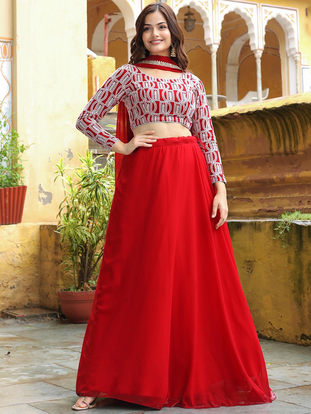 

FABPIXEL Embroidered Thread Work Kalamkari Semi-Stitched Lehenga & Unstitched Blouse With Dupatta, Red