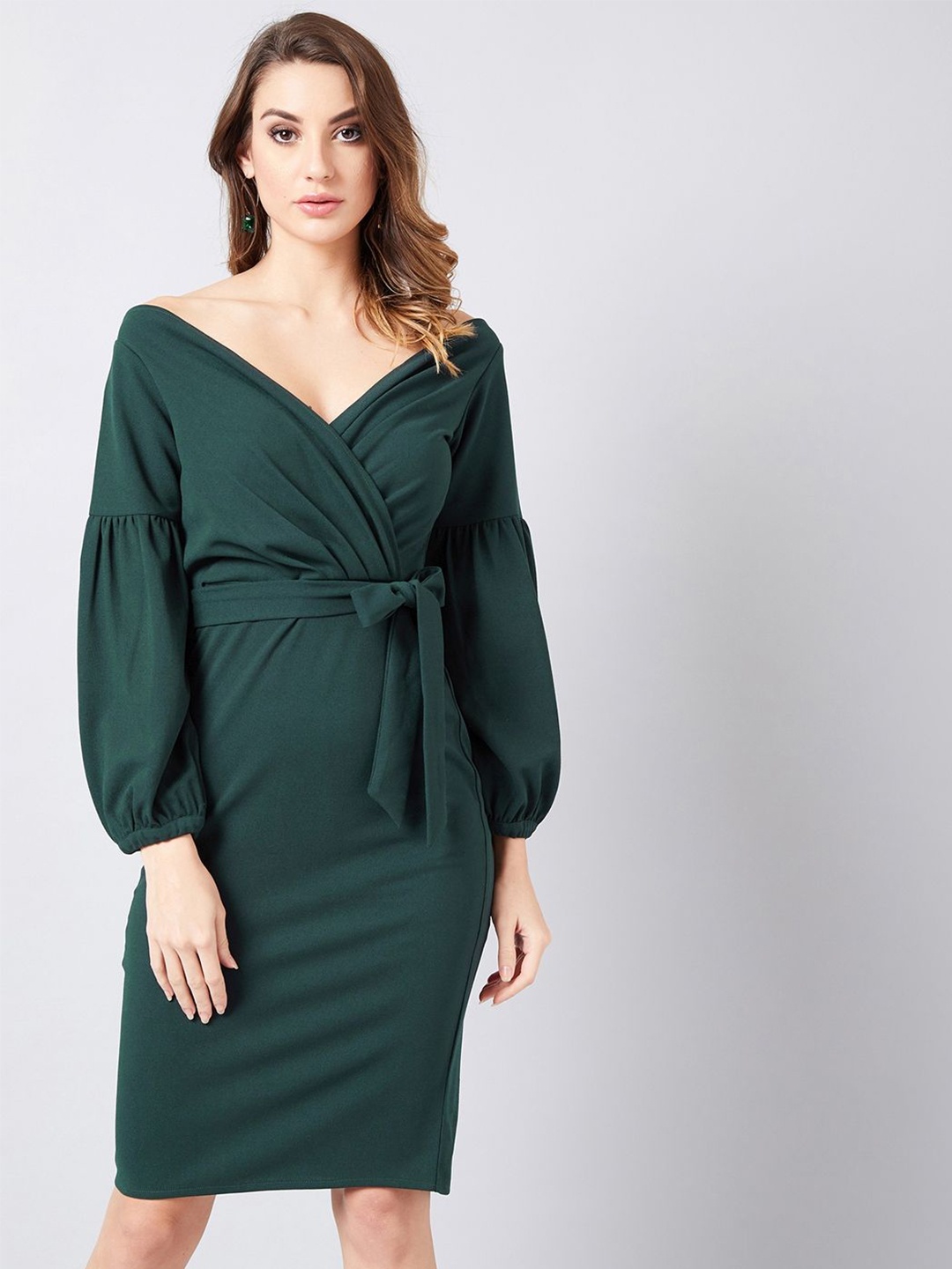 

Athena Women V-Neck Puff Sleeve Tie-Ups Scuba Wrap Dress, Green