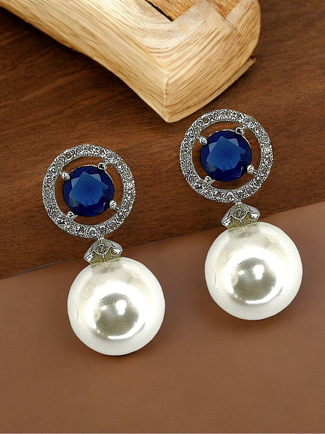 

9blings Silver Plated American Diamond Studded Circular Drop Earrings, Blue