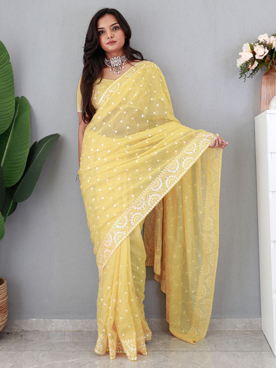 

HERE&NOW Ethnic Motifs Sequinned Organza Saree, Yellow