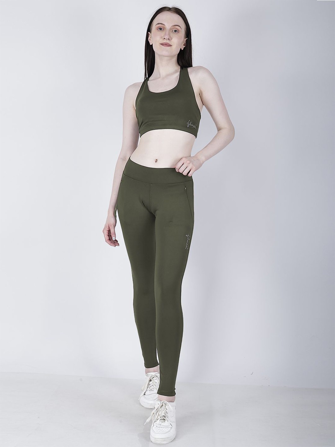 

FILMAX ORIGINALS Shoulder Straps Sleeveless Sport Bra & Tights Tracksuit Set, Olive