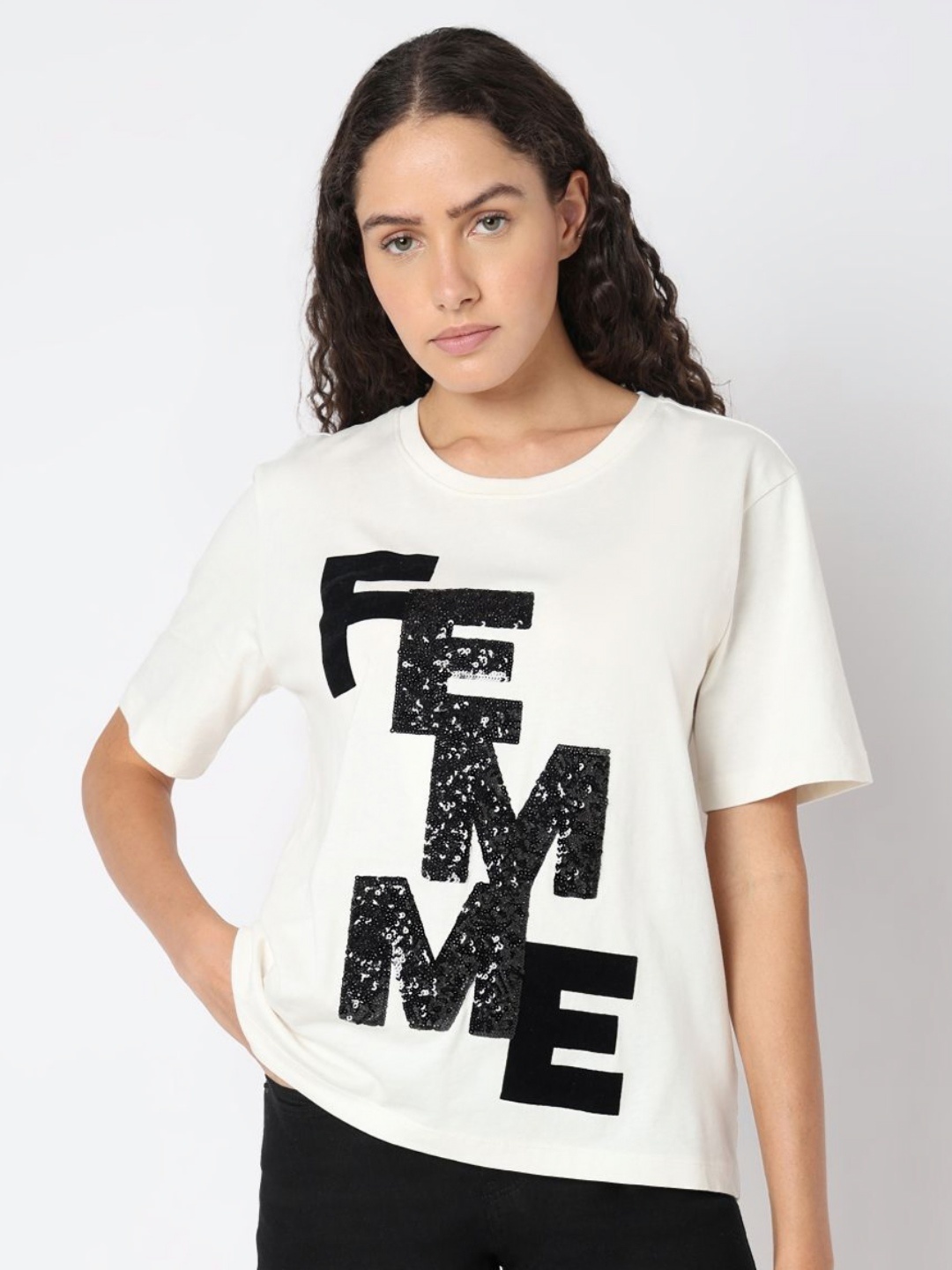 

Vero Moda Women Typography Printed Round Neck Cotton Relaxed Fit T-shirt, White