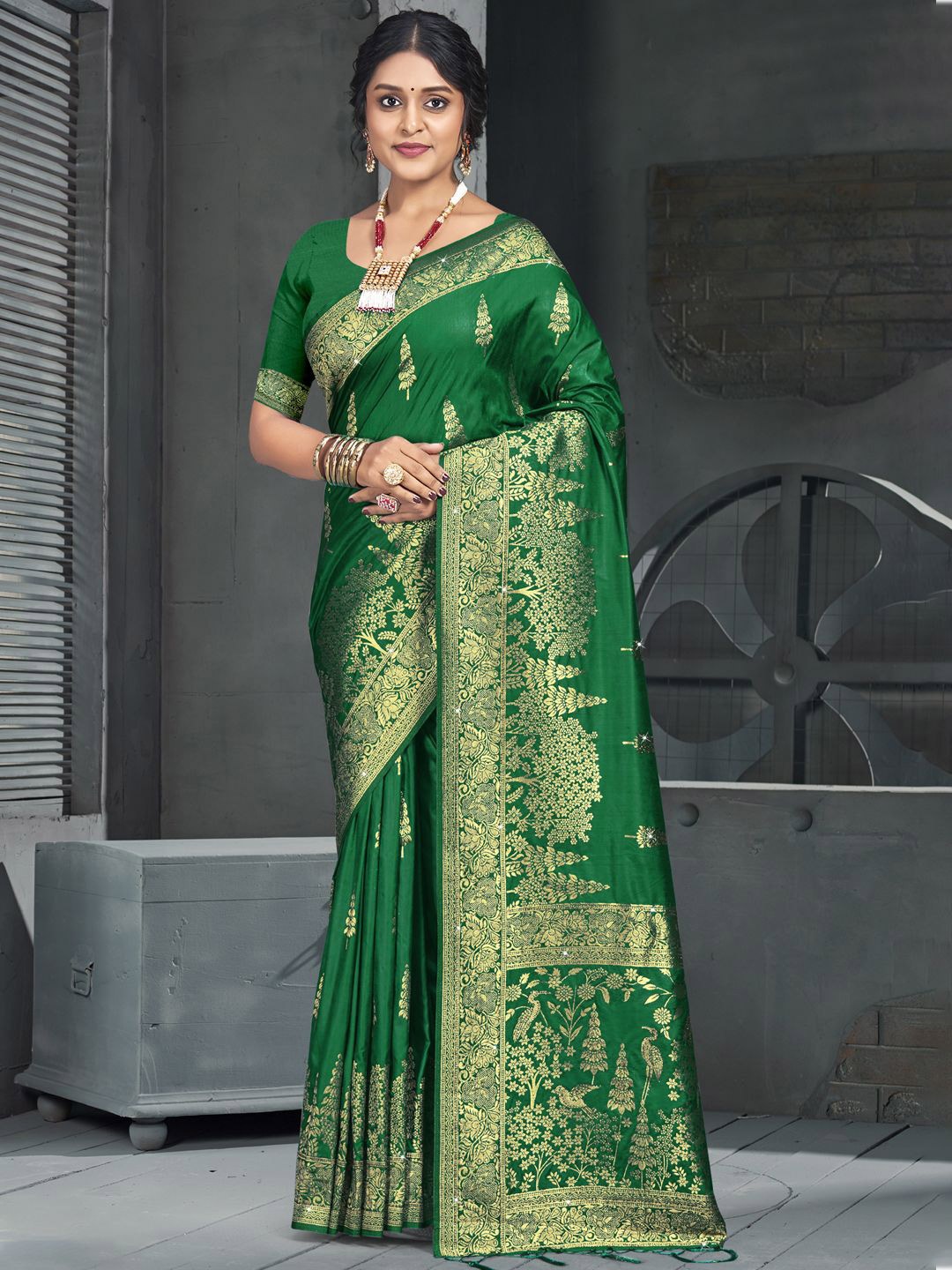 

SANGAM PRINTS Woven Design Zari Silk Blend Tussar Saree, Green