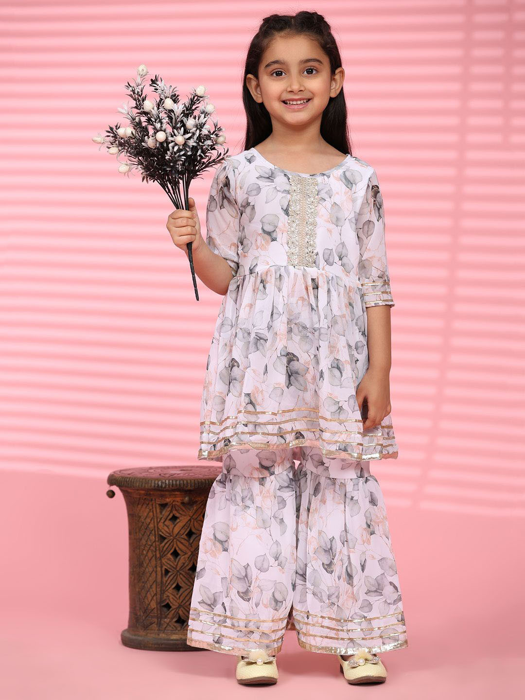 

SHIJILA Girls Floral Printed Regular Gotta Patti Kurta with Sharara, White
