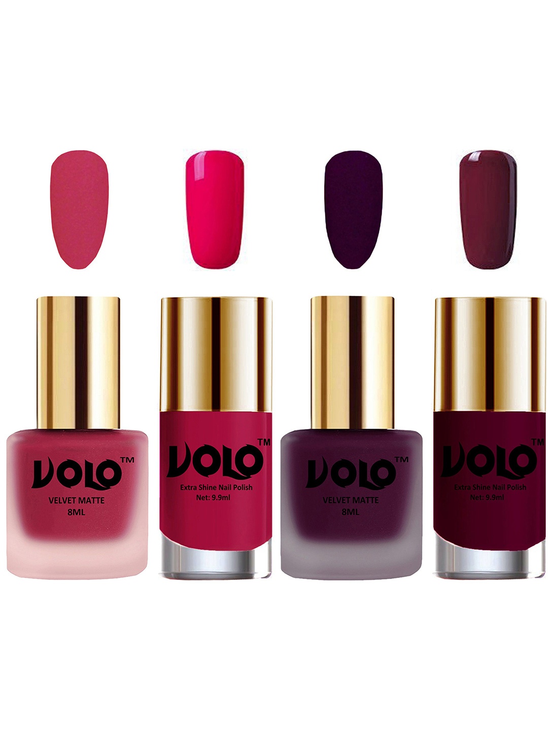 

VOLO Set Of 4 Velvet Matte & Extra Shine Nail Polish-8 ml & 9.9 ml Each Shade 43-46-53-34, Multi