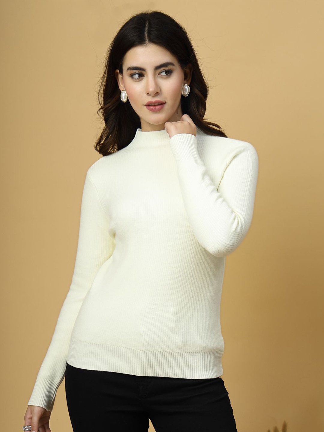 

Mafadeny Women Solid Pullover Ribbed Sweaters, Cream