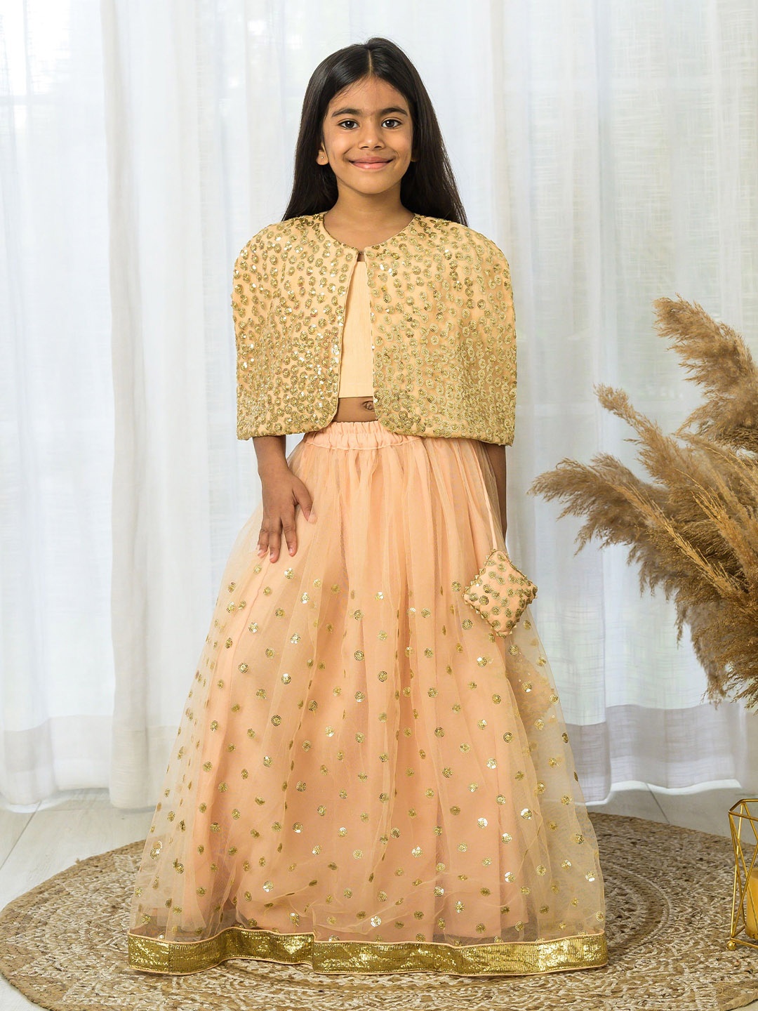 

Fairies Forever Girls Embellished Ready to Wear Lehenga &, Peach