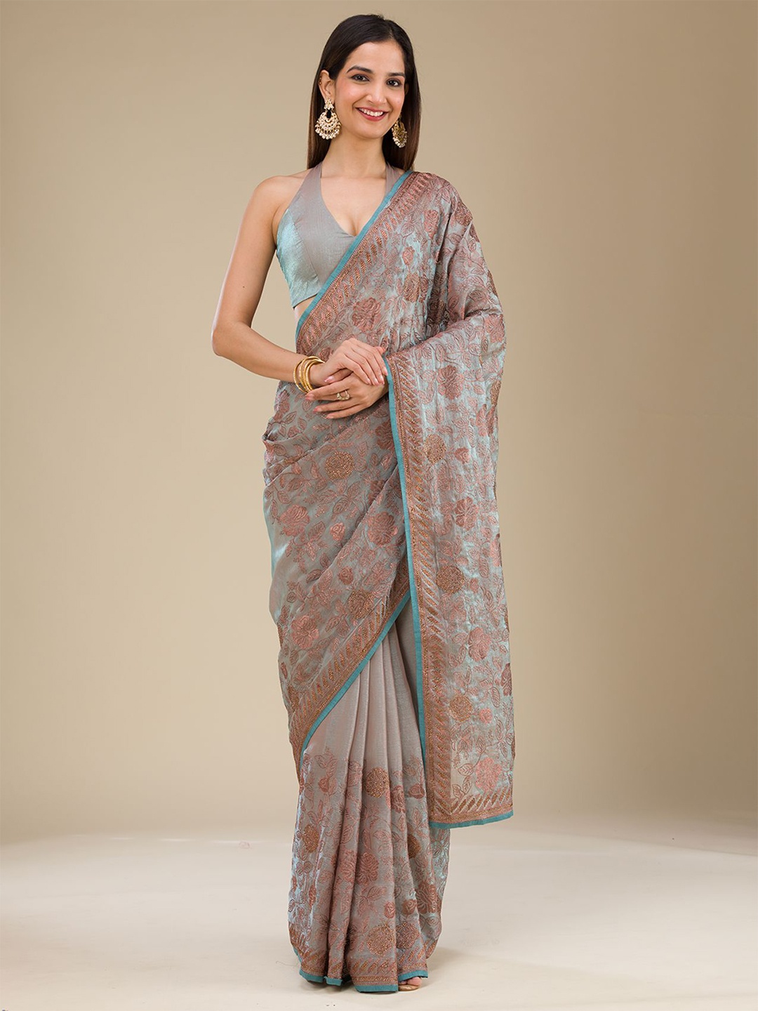 

Koskii Floral Embroidered Saree, Grey