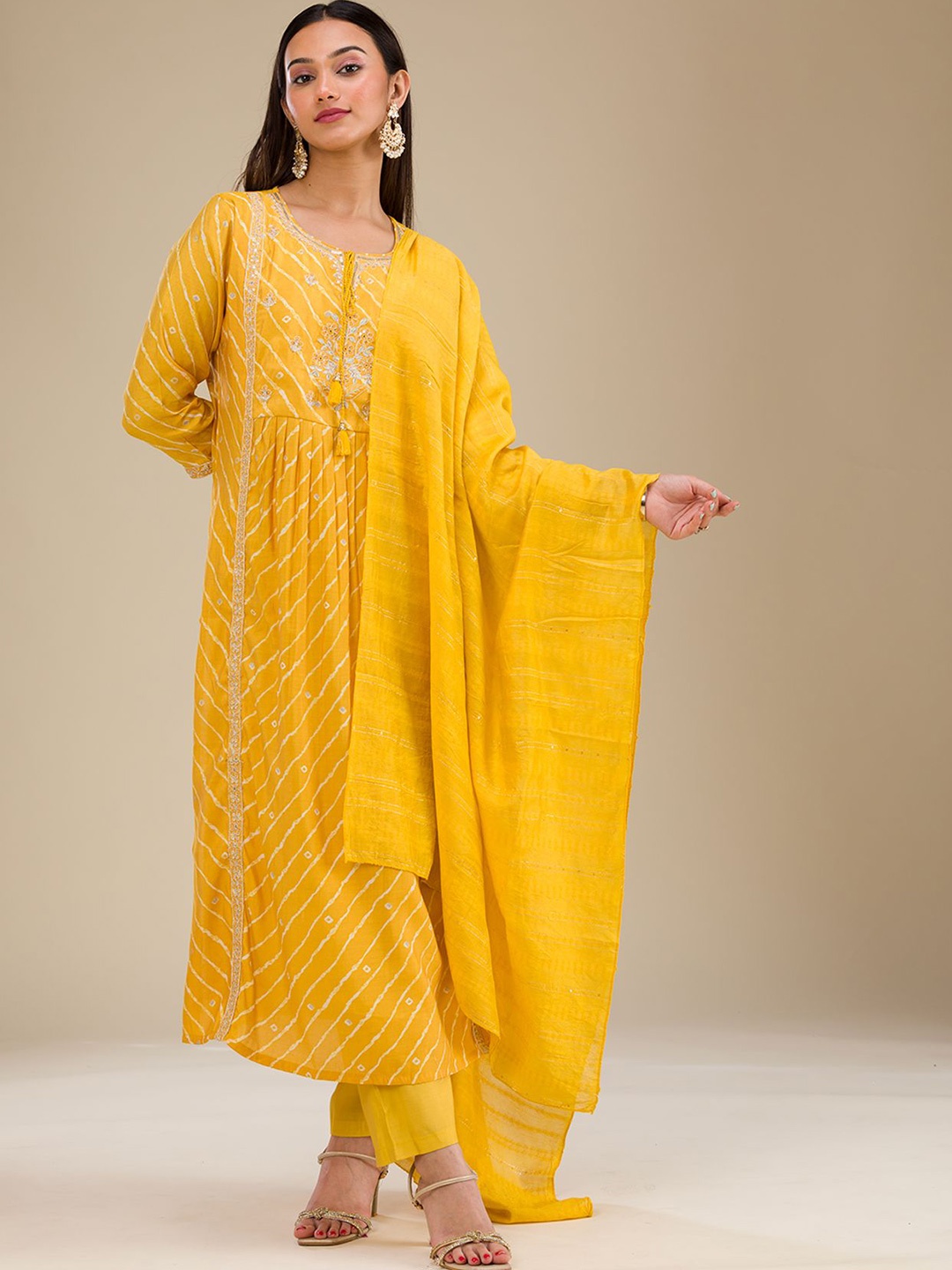 

Koskii Lehariya Printed Regular Sequinned A-Line Kurta with Trousers & Dupatta, Yellow