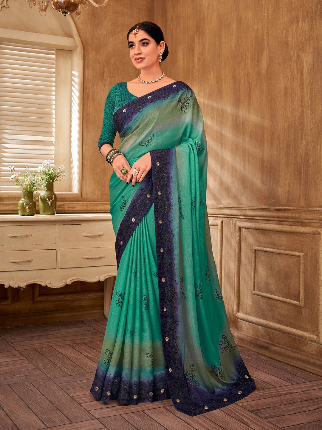 

Laxmipati Woven Design Embroidered Poly Chiffon Designer Saree, Blue