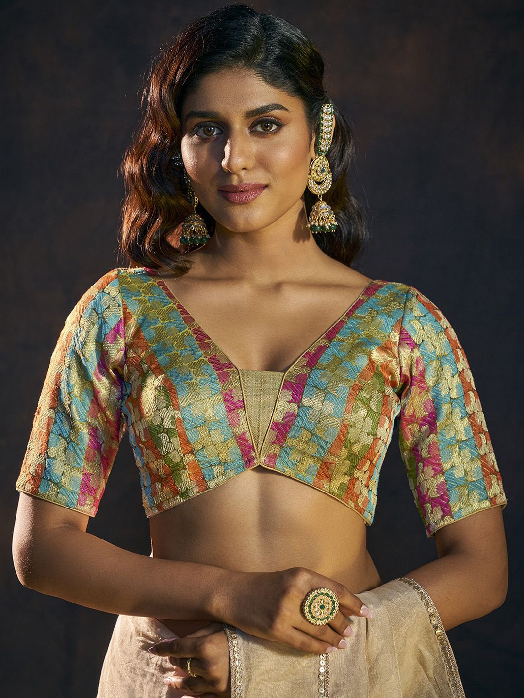 

SALWAR STUDIO V Neck Padded Saree Blouse, Turquoise blue