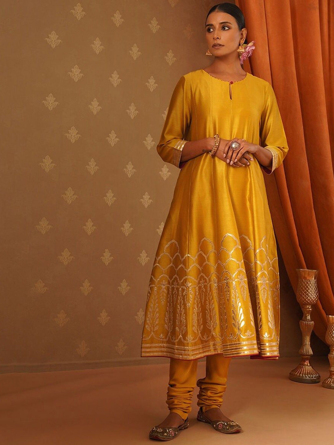 

JAYPORE Ethnic Motifs Embroidered Gotta Patti A-Line Kurta With Churidar, Mustard