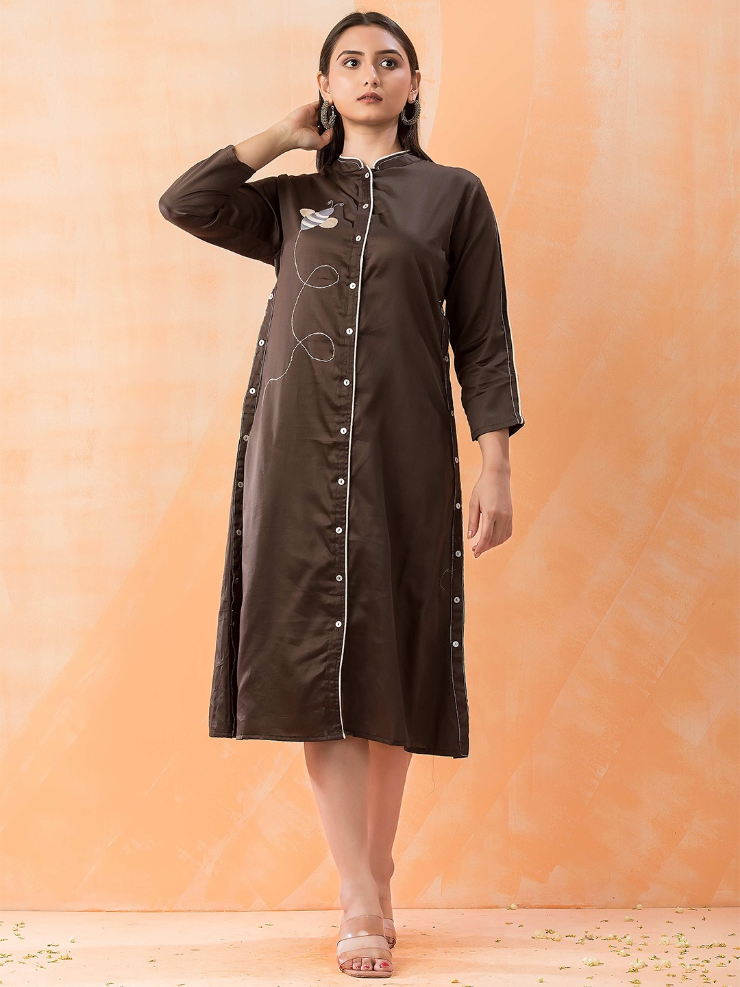 

SACRED SUTA Women Mandarin Collar Embroidered A-Line Midi Dress, Brown