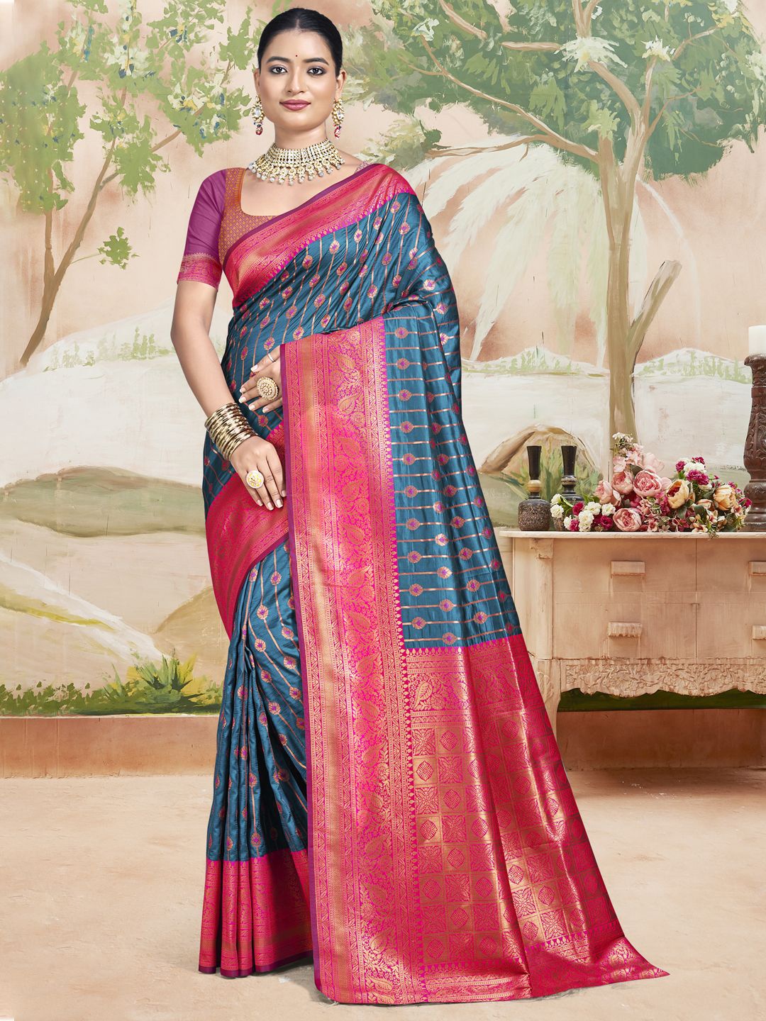 

SANGAM PRINTS Ethnic Motifs Woven Design Zari Tussar Saree, Blue