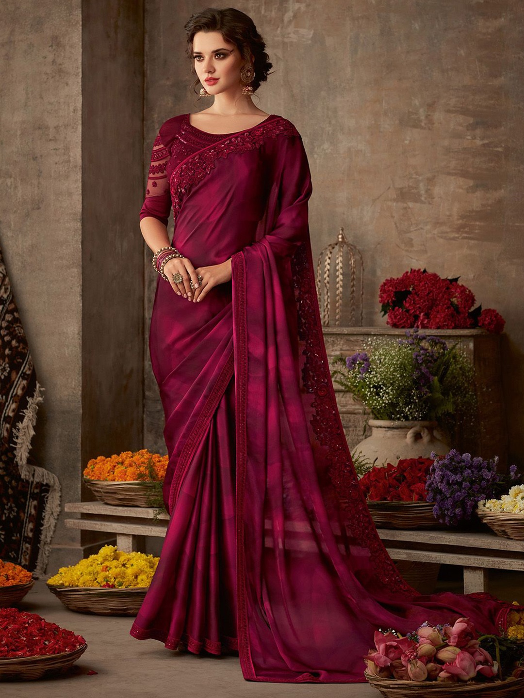 

Mitera Sequinned Embroidered Pure Chiffon Celebrity Saree, Magenta