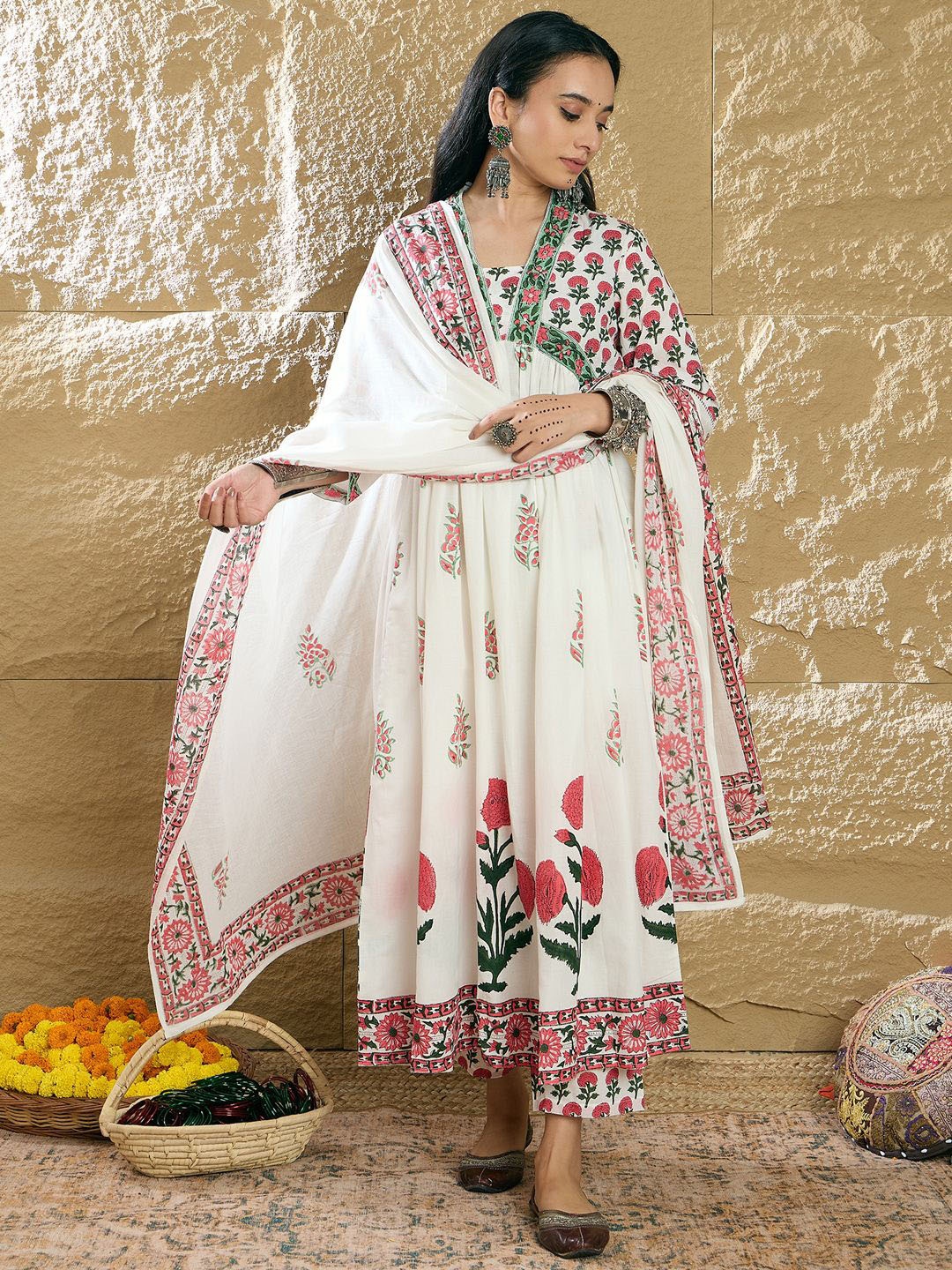 

Indo Era Women Ethnic Motifs Printed Pure Cotton Kurta with Trousers & With Dupatta, White