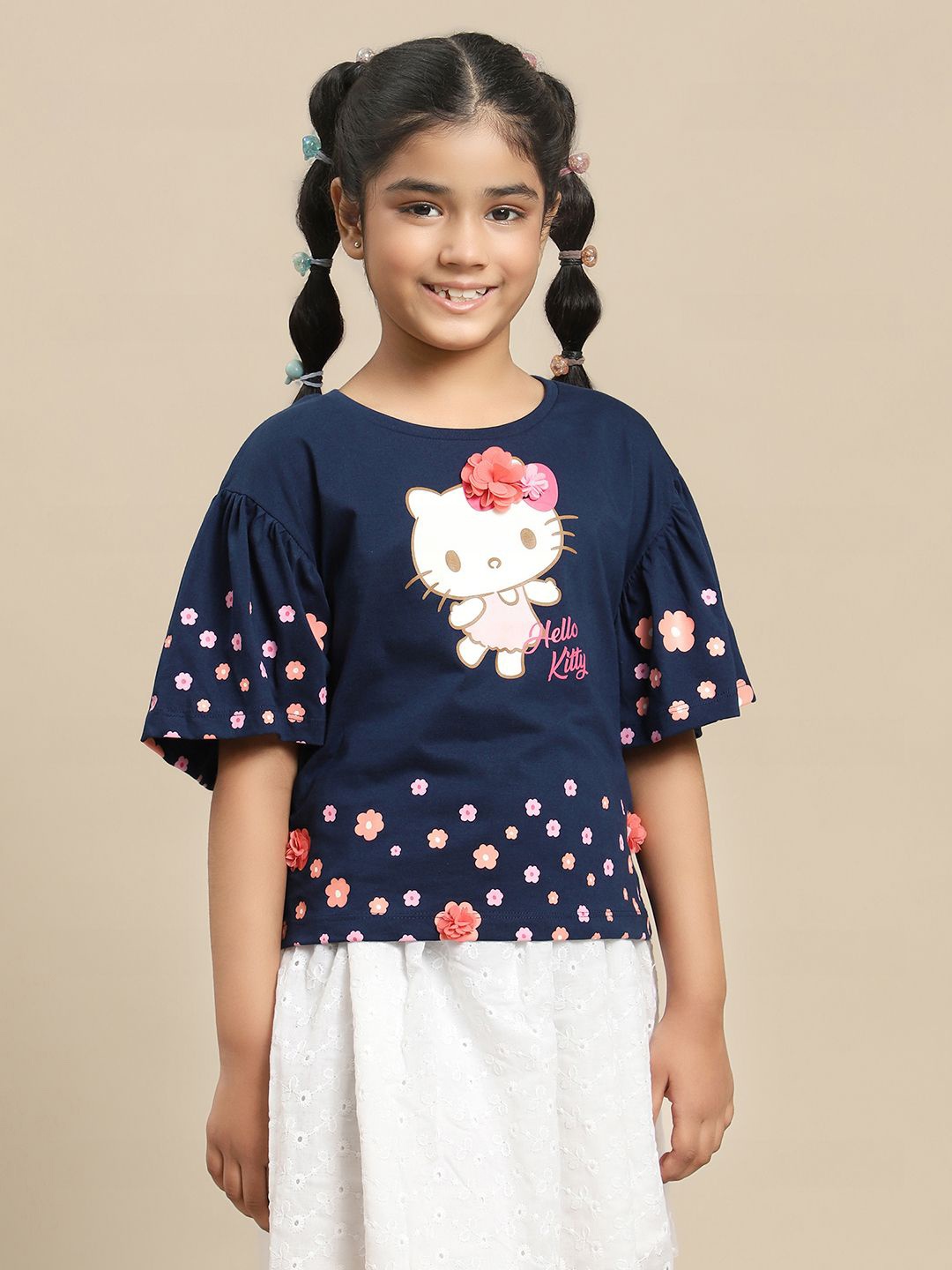 

Kids Ville Girls Hello Kitty Graphic Printed Round Neck Cotton T-shirt, Navy blue