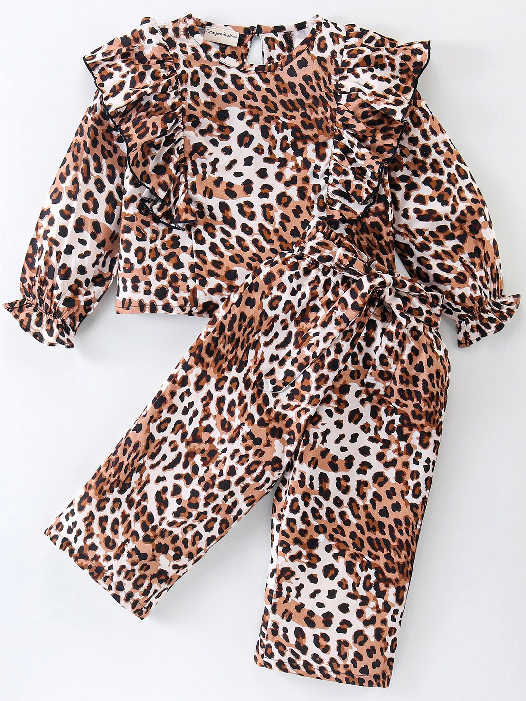 

CrayonFlakes Girls Printed Round Neck Long Sleeves Top With Palazzo, Brown