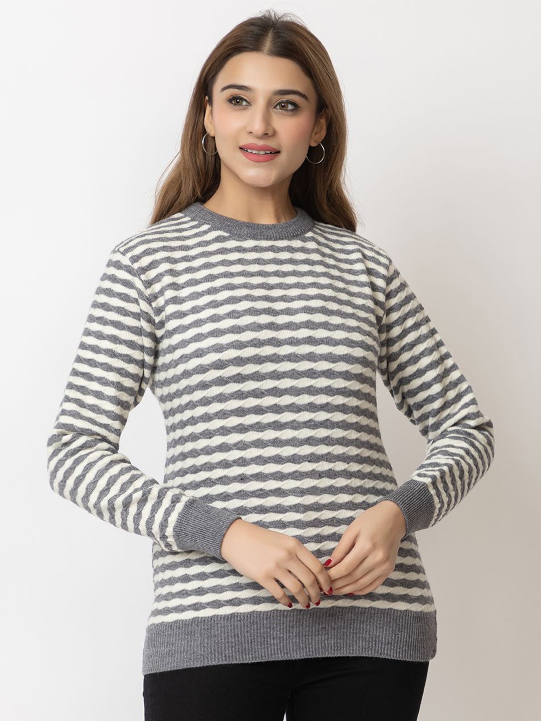 

LEZA Women Striped Pullover with Embroidered Detail, Grey