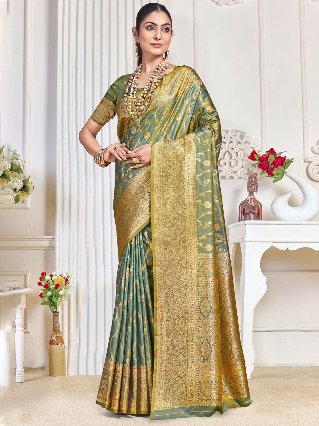 

SANGAM PRINTS Woven Design Zari Tussar Saree, Turquoise blue