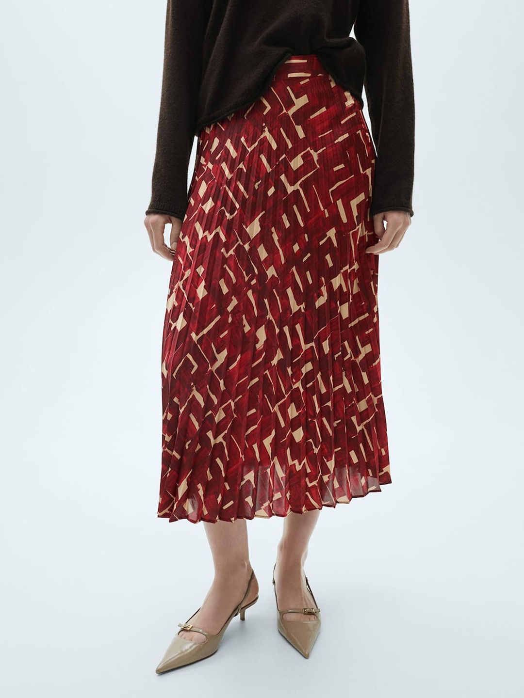 

MANGO Printed Accordion Pleats Midi A-Line Skirt, Maroon