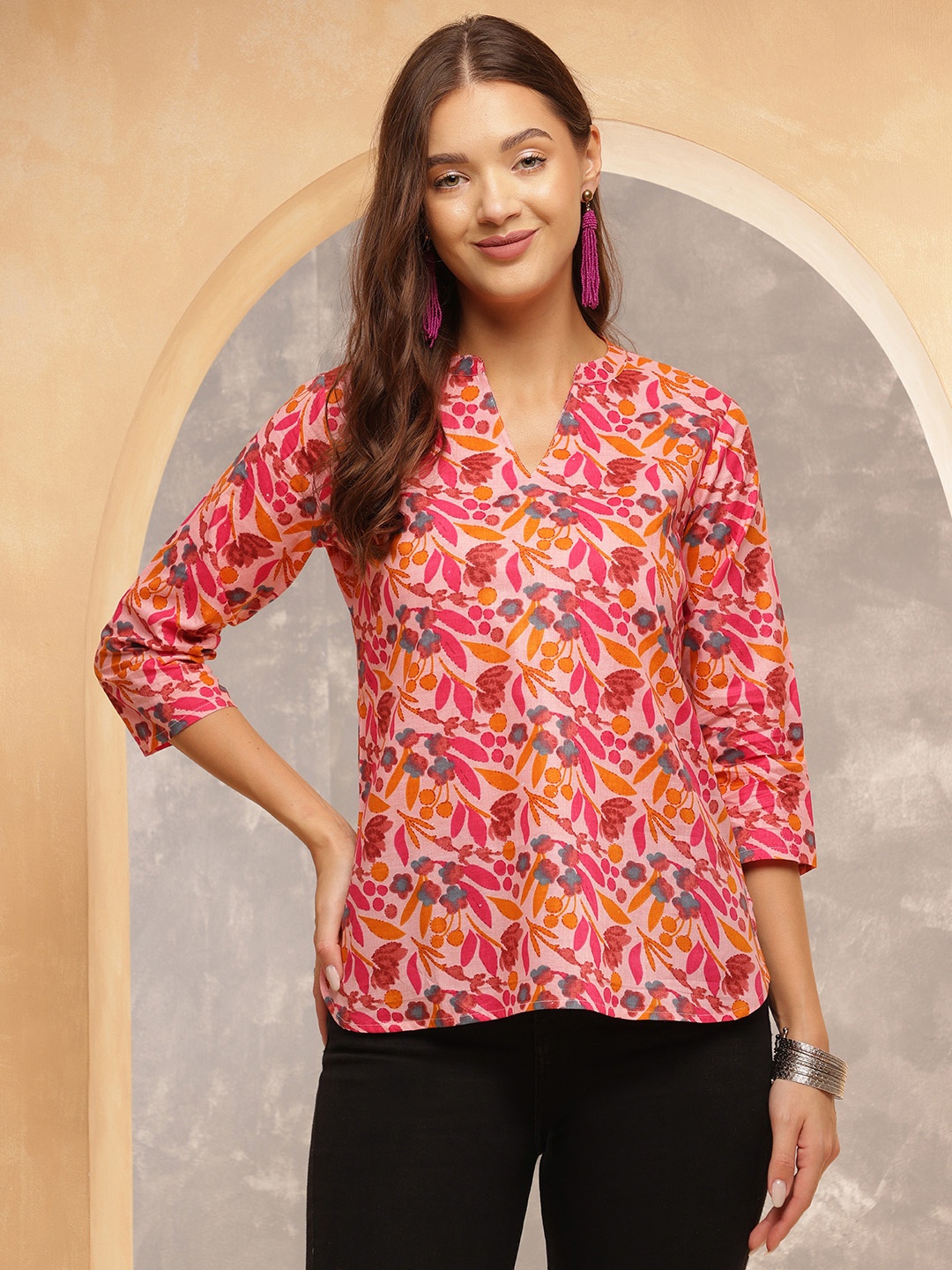 

Anouk Rustic Women Floral Print Mandarin Collar Pure Cotton Top, Pink
