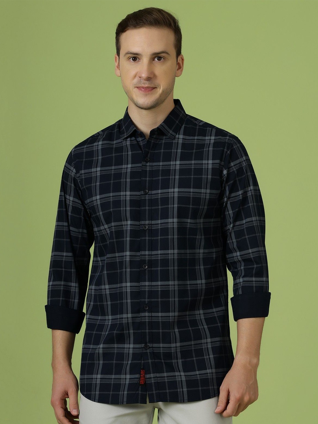 

Gavin Paris Men Relaxed Spread Collar Checked Cotton Semiformal Shirt, Navy blue