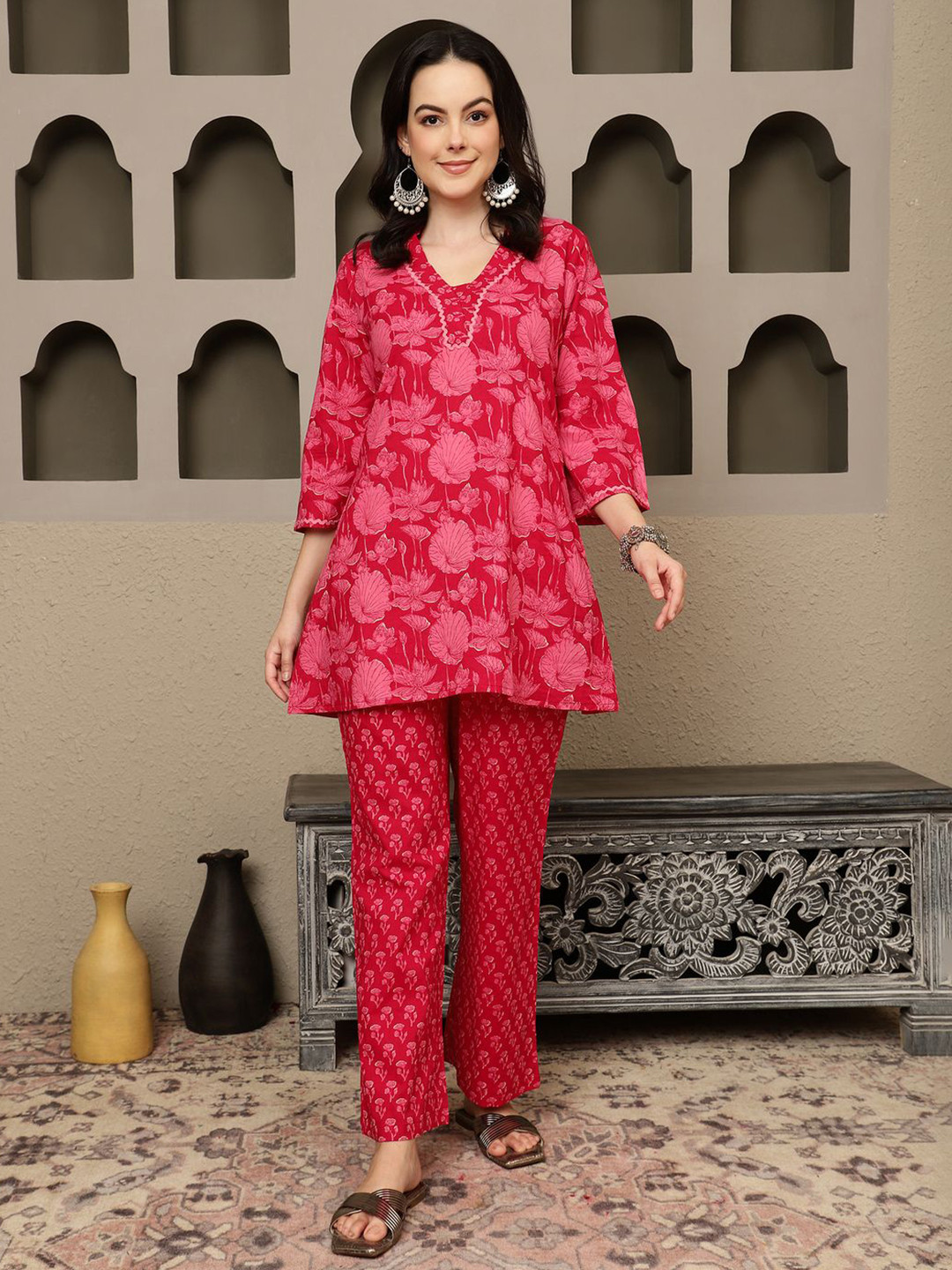 

BANDIA Floral Printed Top With Trouser Co-Ords, Red