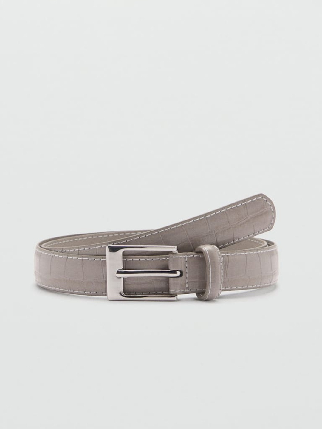 

MANGO Women Croc Textured Slim Belt, Grey