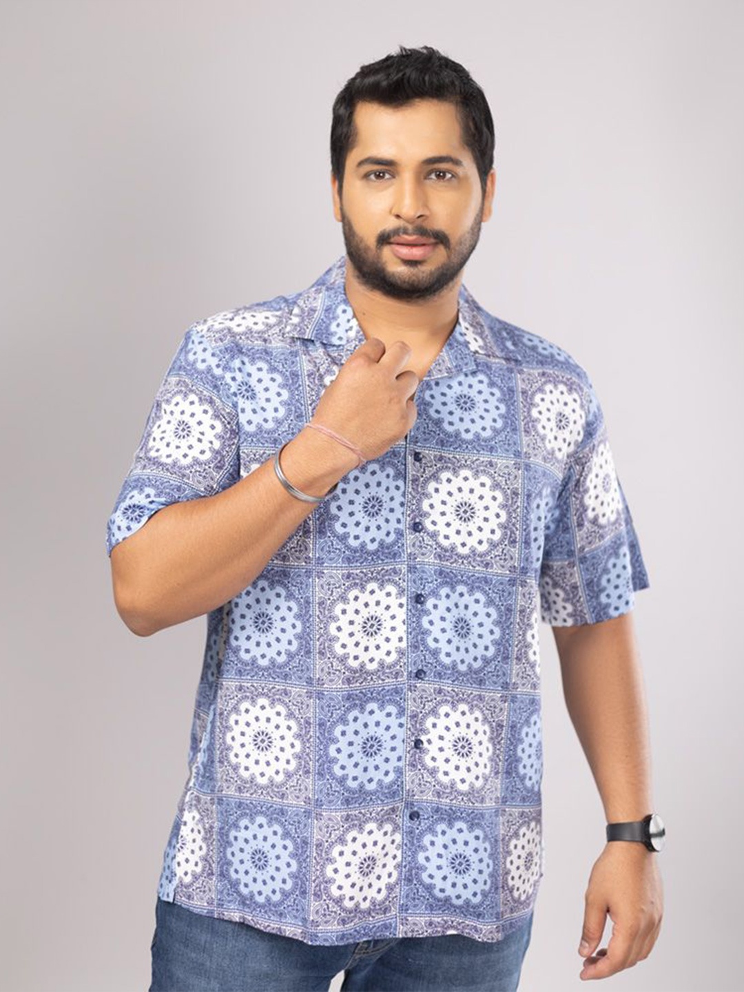 

Sizeupp Men Comfort Cuban Collar Abstract Printed Casual Shirt, Blue