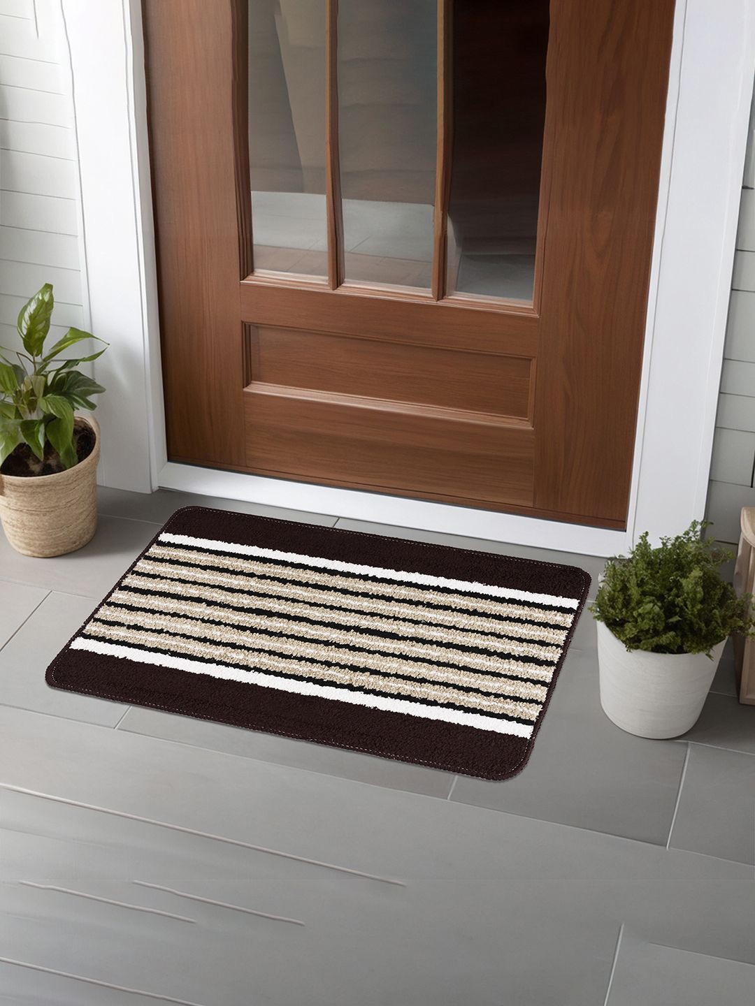 

Kuber Industries Brown & White 6 Pieces Striped Microfiber Anti- Skid Doormats