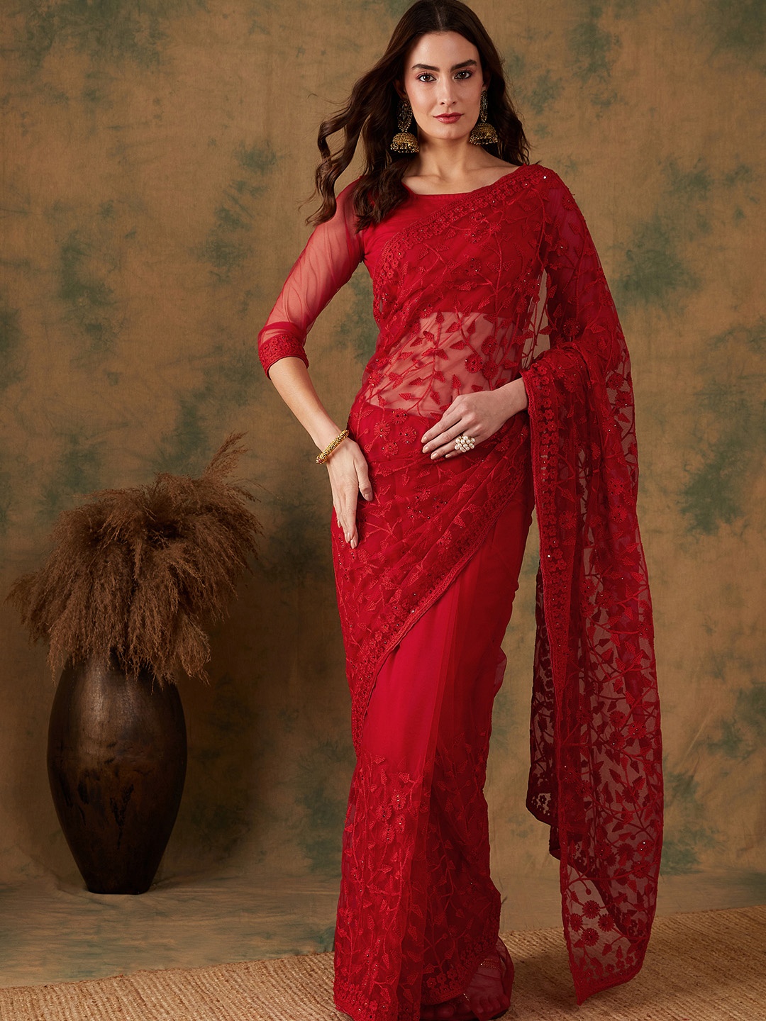 

Maroosh Floral Beads and Stones Net Saree, Red