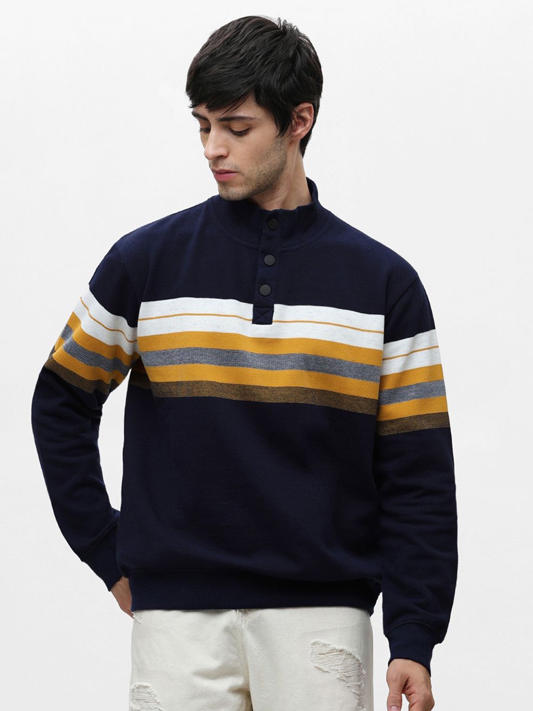 

Klub Fox Men Striped High Neck Fleece Sweatshirt, Navy blue