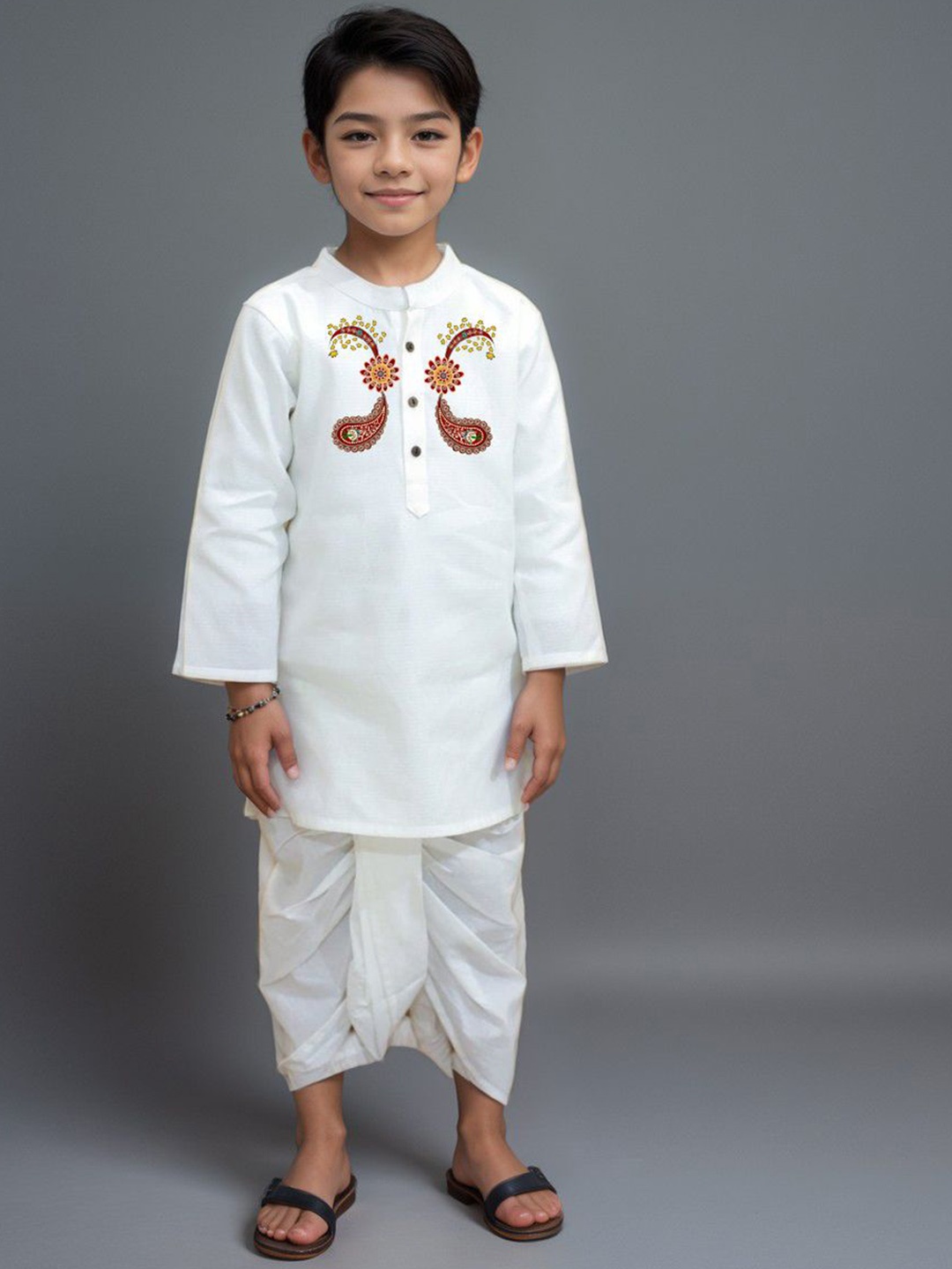 

DEVOILER Boys Ethnic Motifs Printed White Romance Kurta