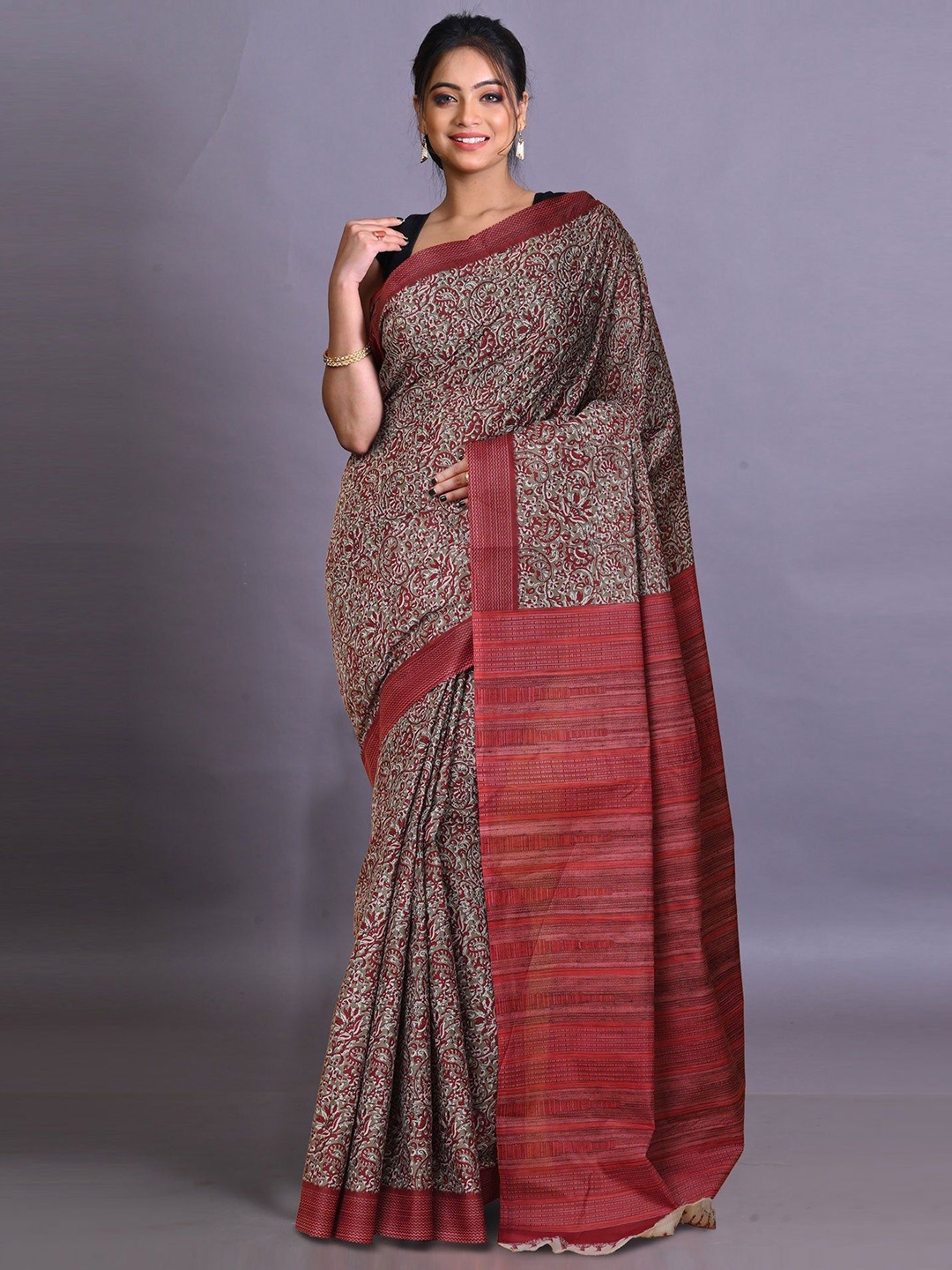 

Unnati Silks Paisley Pure Cotton Handloom Block Print Saree, Brown