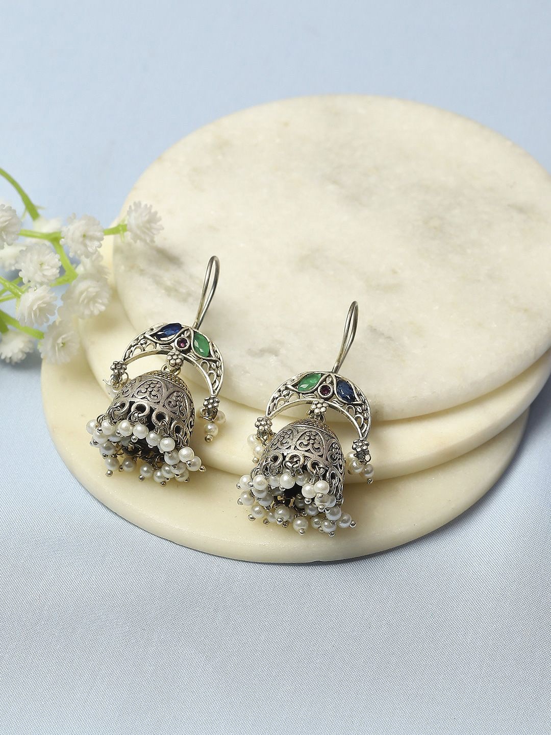 

Biba Artificial Stones & Beads Studded Contemporary Oxidised Jhumkas, Green