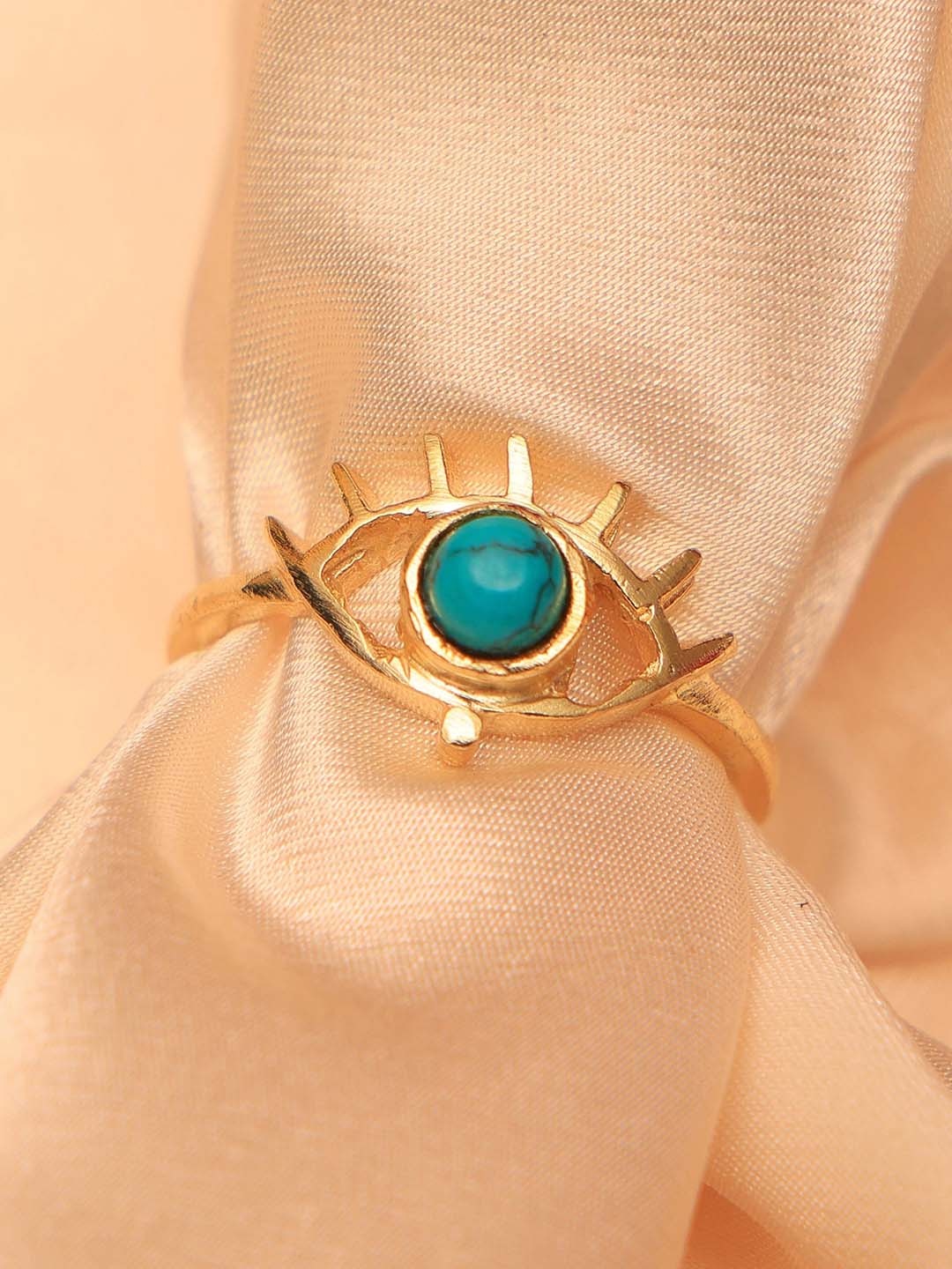 

ROYAL PITARAH Gold-Pated Turquoise Stone Studded Evil Eye Adjustable Ring