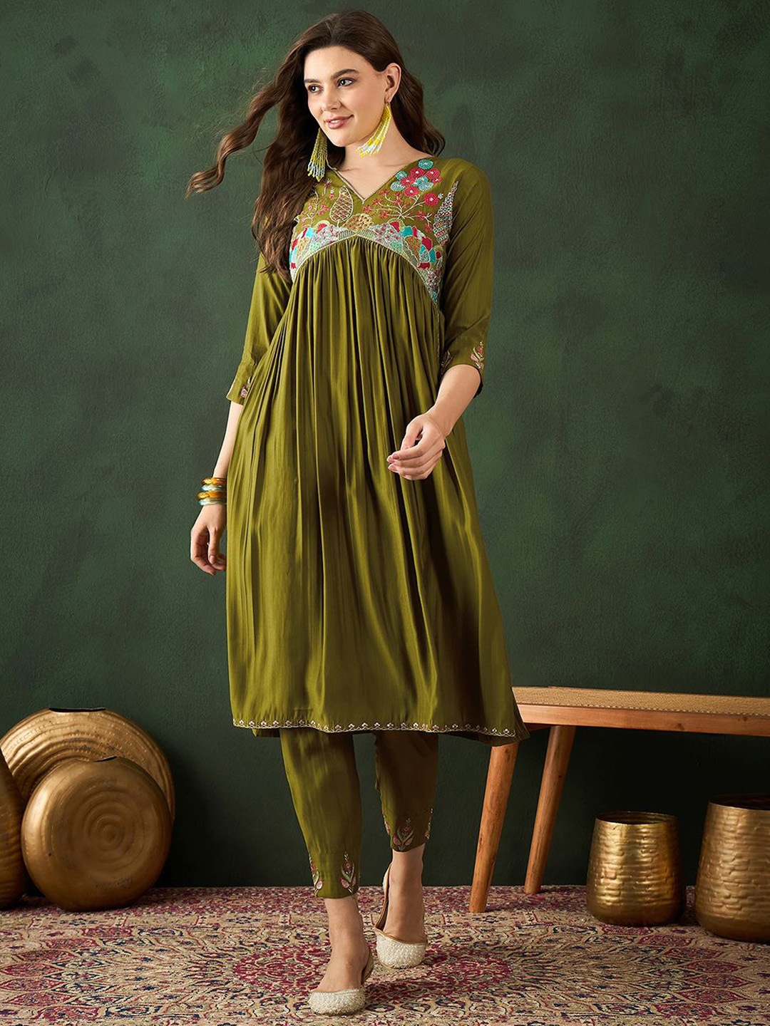 

Sangria Women Embroidered A-Line Kurta With Trousers, Green