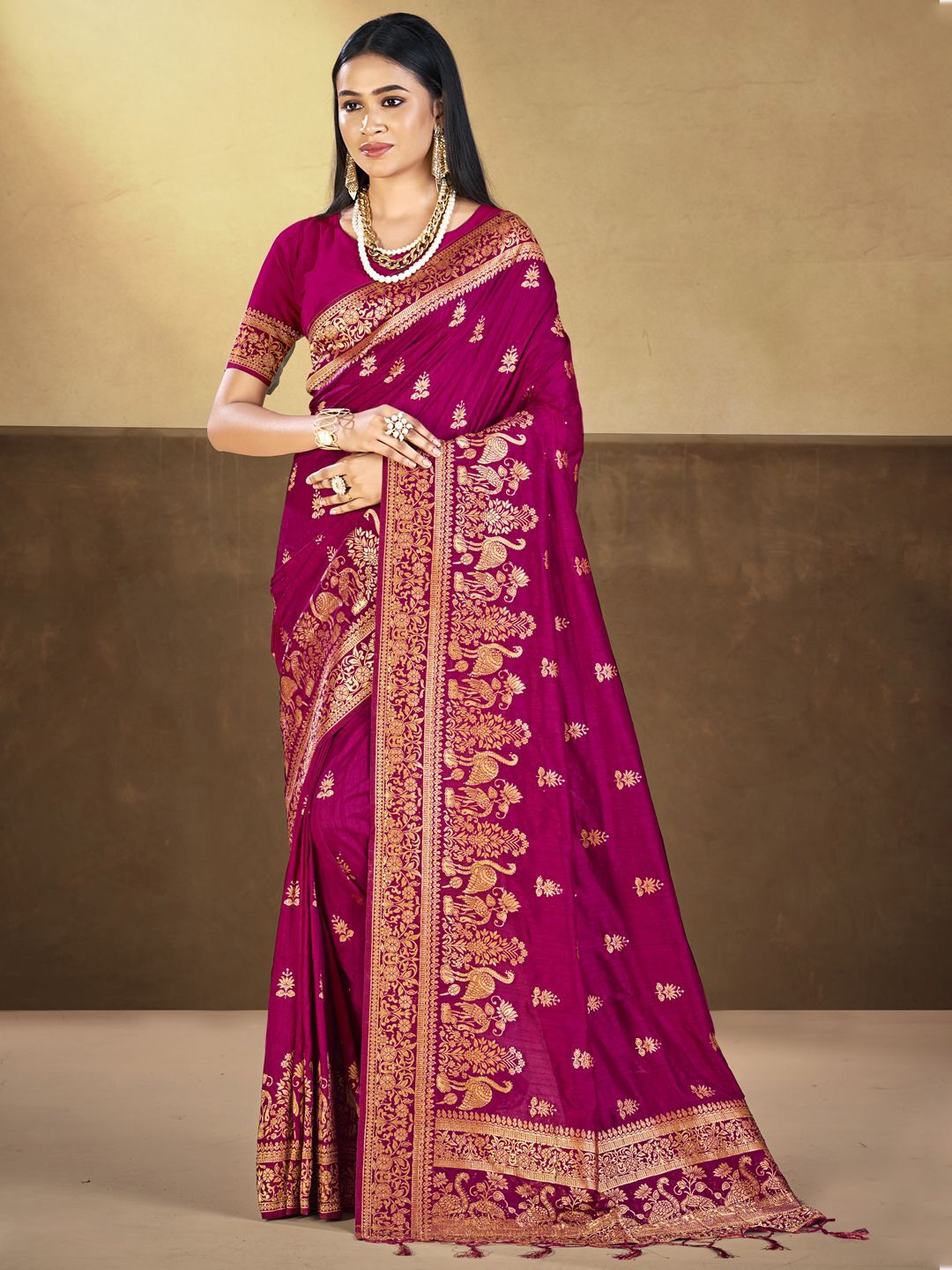 

SANGAM PRINTS Woven Design Zari Tussar Saree, Magenta