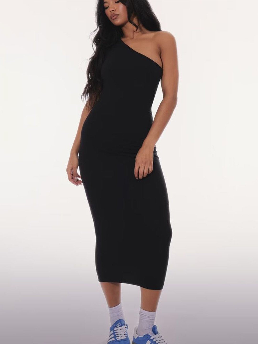 

LULU & SKY Women Solid One Shoulder Bodycon Midi Dress, Black