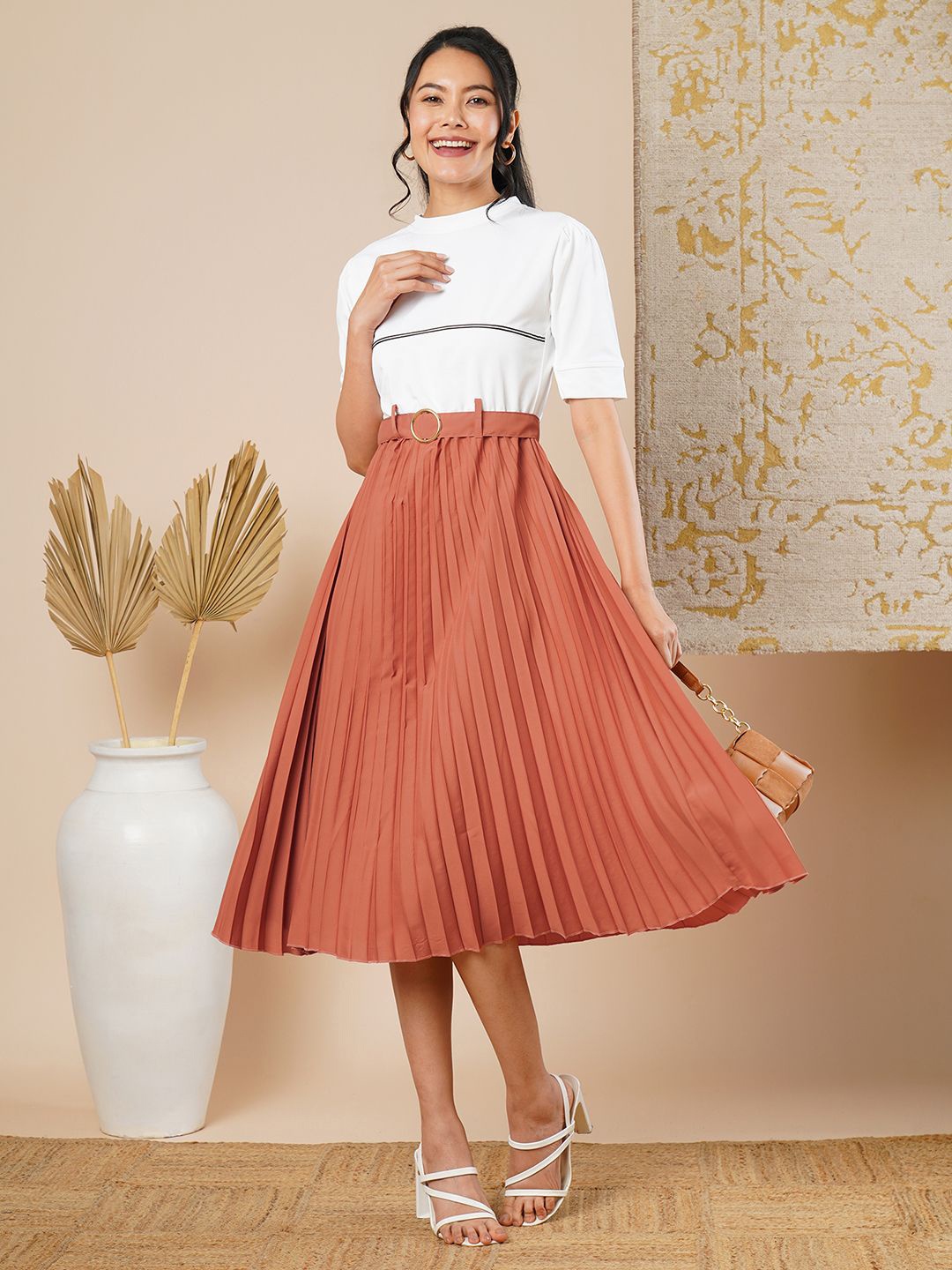 

CARTYSHOP Women Round Neck Skirt Accordion Pleated Fit & Flare Midi Dress, Rust