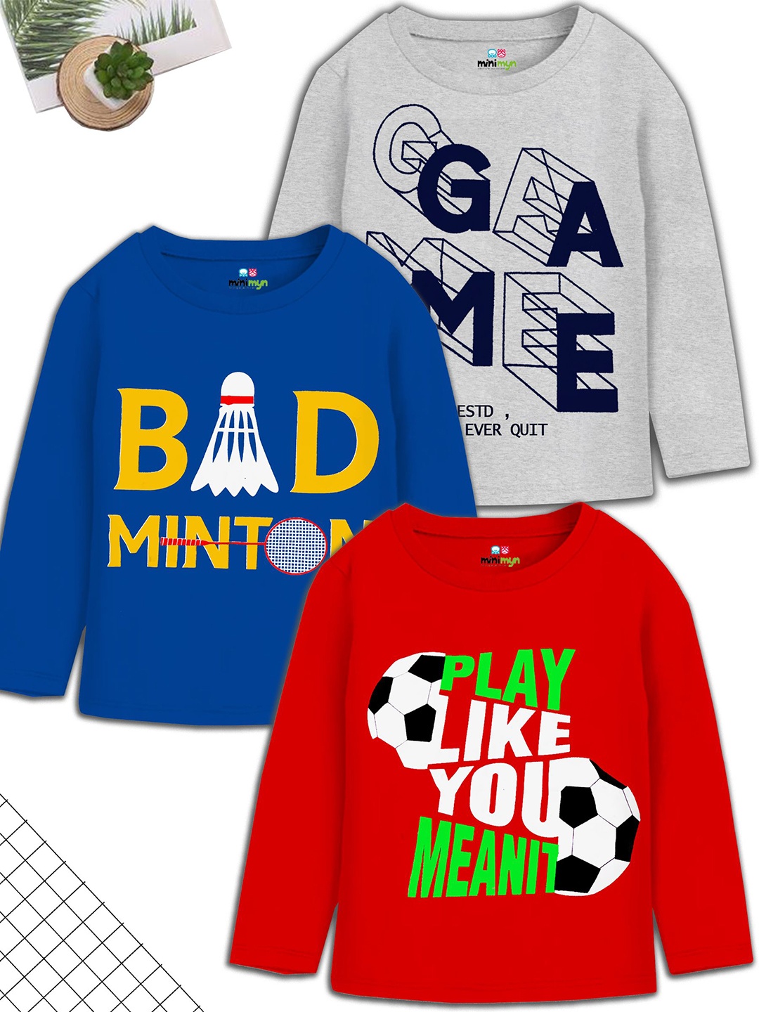 

MINI MYN Boys Pack Of 3 Typography Printed Round Neck Cotton T-shirts, Red
