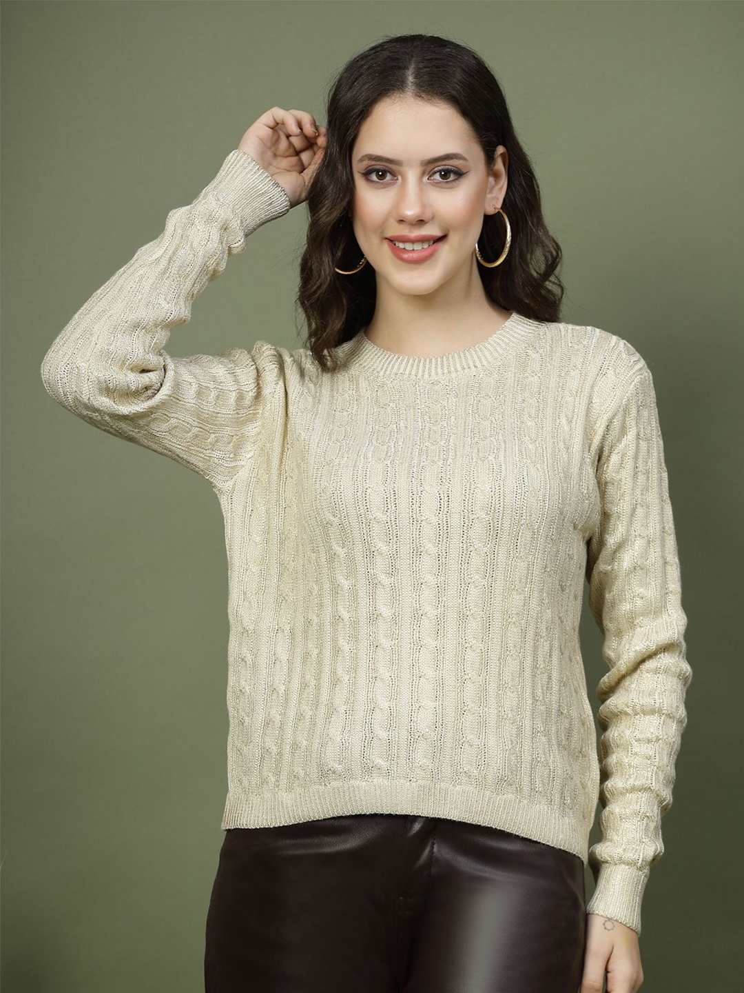 

Mafadeny Women Self Design Round Neck Top, Cream