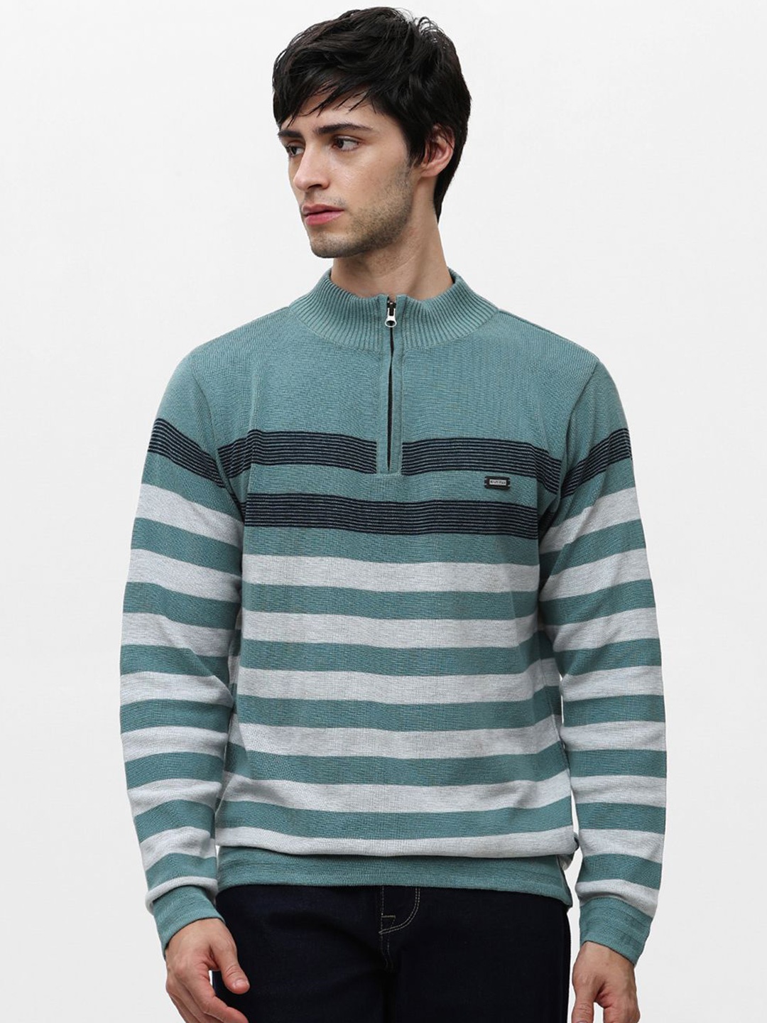

Klub Fox Men Cotton Mock Collar Striped Half Zipper Pullover Sweaters, Green