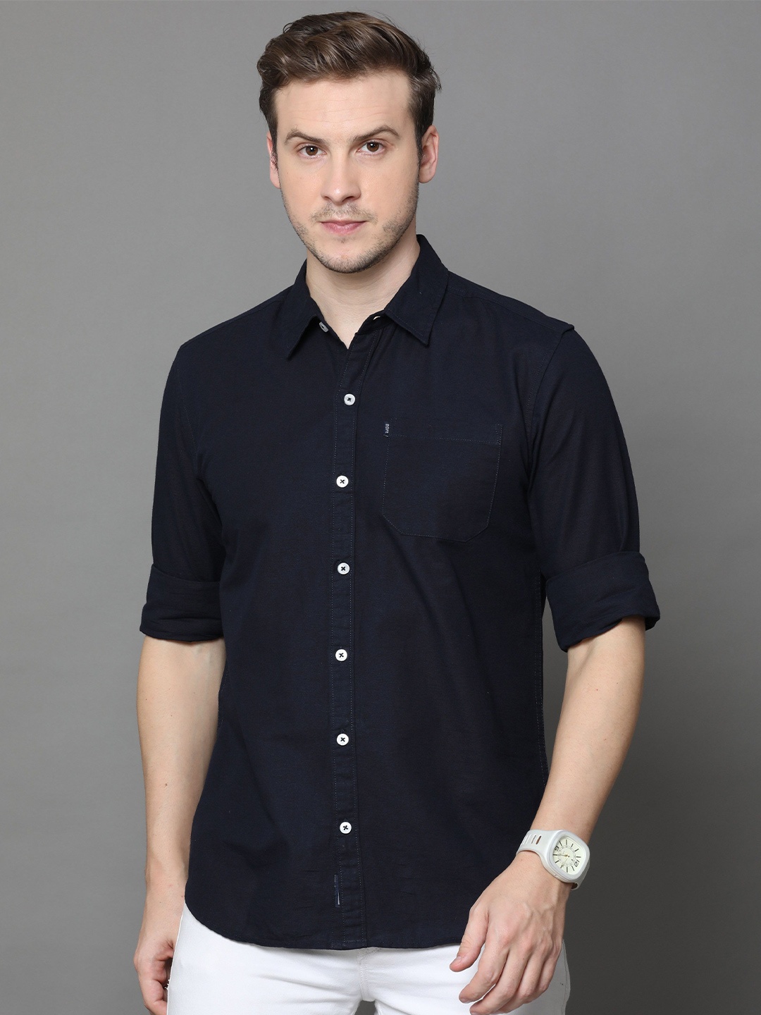 

Rope Men Classic Spread Collar Solid Cotton Slim Fit Casual Shirt, Navy blue